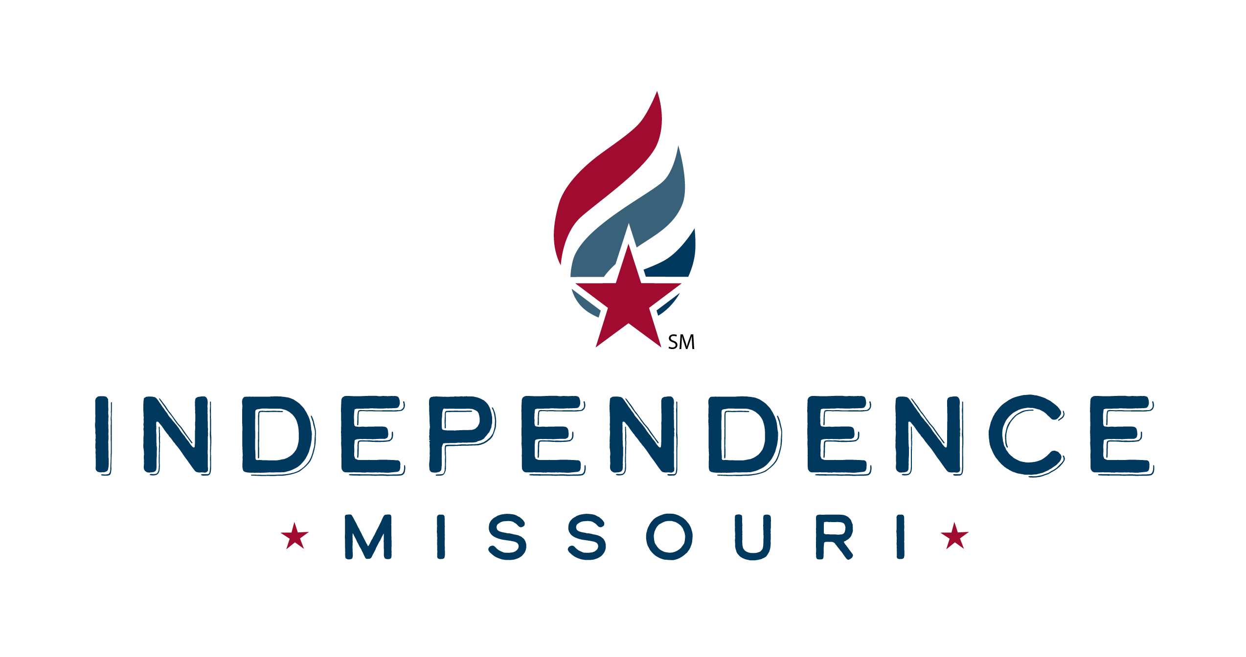 City of Independence Missouri logo with dark red, light blue, and navy flame over red star