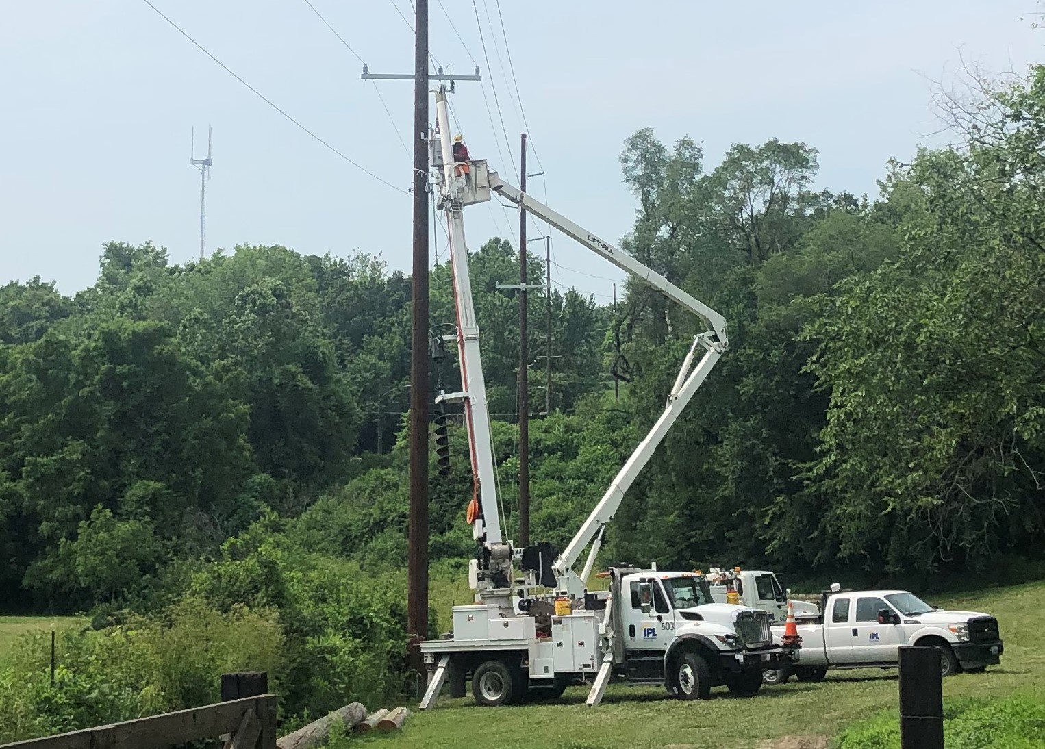 A journymen linemen repairs a powerline from the bucket of an Independence Power and Light bucket truck with damaged trees and grey skies behind them. 