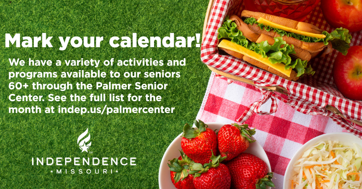 Picnic lunch on the right side of the image with grass in the background. White type with Mark your Calendar across the left top side and white Independence logo on the bottom left side. 