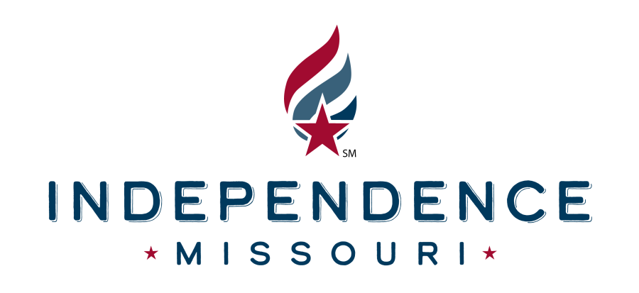 City of Independence Missouri logo with dark red, light blue, and navy flame over red star