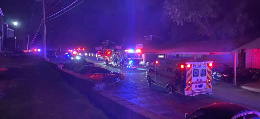 Fire and EMS staff respond to a fire at the Cedar Brook Apartment complex on July 4, 2022.