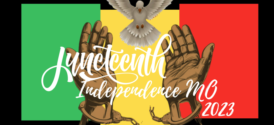 Juneteenth Independence Mo 2023. Image of African American Hands breaking from chains and releasing a dove with blocks of green, yellow, and red behind them. 