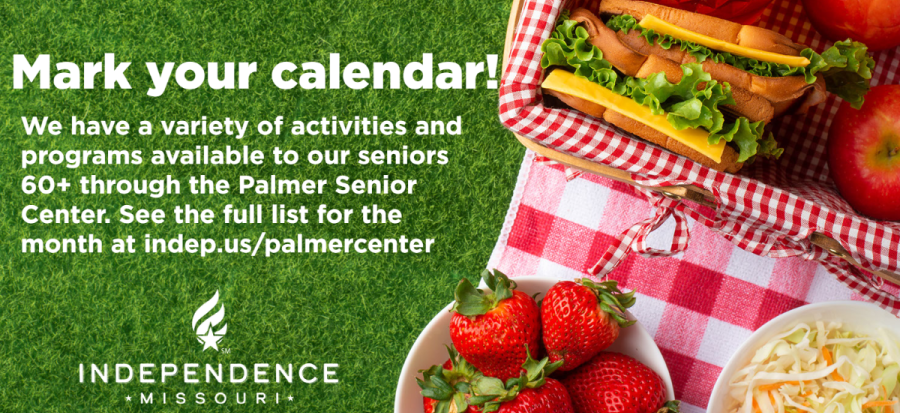 Picnic lunch on the right side of the image with grass in the background. White type with Mark your Calendar across the left top side and white Independence logo on the bottom left side. 